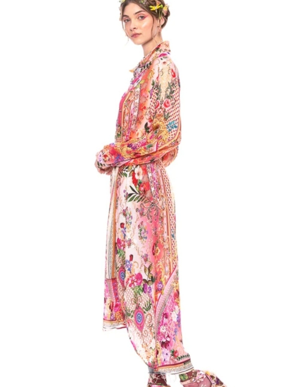 Aratta Silent Journey Bohemian Goddess Floral Shirt Dress Duster Women's L Pink